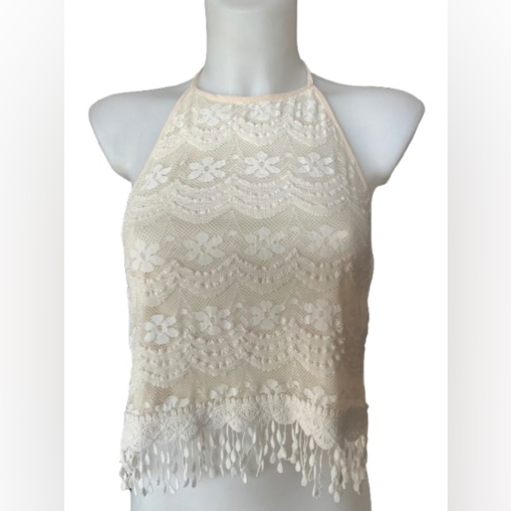 Staring at Stars Cream Lacey Camisole Halter Top w/Crochet Fringe Trim Medium